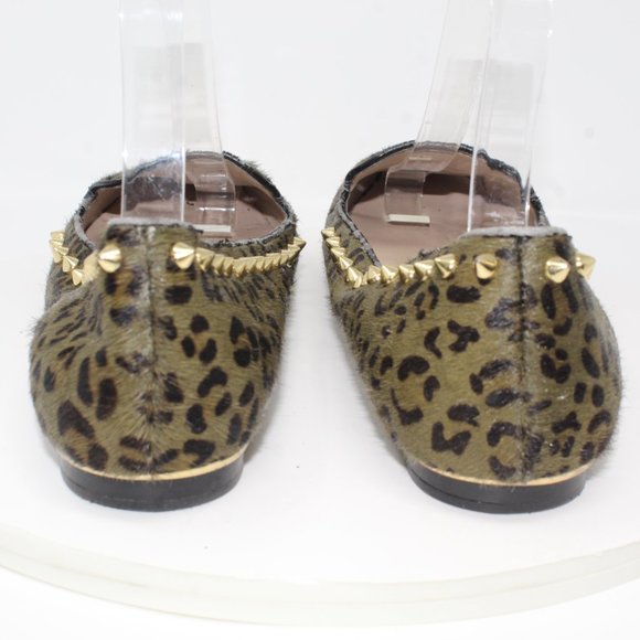 Zara Women Sz 10.5M Pony Hair Leather Green Leopard Print Studded Ballet Flats - Picture 6 of 9